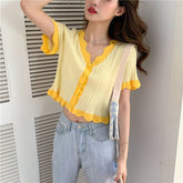 Short Sleeve V-Neck Ruffle Cropped Slim Shirts